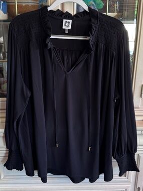 Anne Klein Black Smocked-Yoke Peasant Blouse with Tie Neck